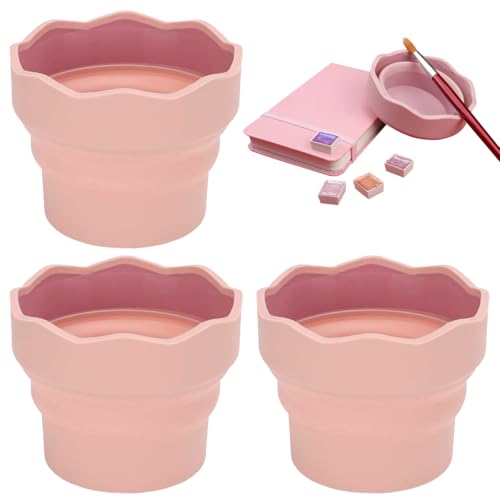 3 PCS Collapsible Paint Brush Washer Brush Rinser Cup Mini Foldable Silicone Watercolor Cup Silicone Washing Bucket Brush Holder Organizer Painting Water Cup for Watercolor Oil Painting - color: Pink