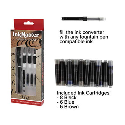 Ink Master Calligraphy Set Fountain Pens 4 Different Size Nibs and 20 Assorted Ink Cartridges Plus One Bottled Converter - Complete Easy Learning Kit for Beginners