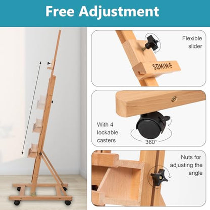 Beechwood H-Frame Artist Studio Easel with Wheels and Storage Tray, Natural | Adjustable Floor Easel Stand Holding Canvas up to 51Inches for Painting - style: Natural