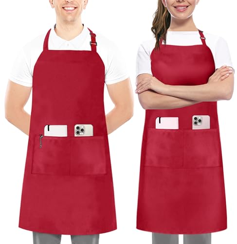 Utopia Kitchen 2 Pack Bib Apron, Adjustable with 2 Pockets, Water and Oil Resistant, Cooking Kitchen Chef Apron for Women Men - color: Red