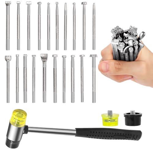 Wokape 23Pcs Leather Stamping Tools, Leather Stamping Kit Contains 20Pcs 4'' Different Special Shape Leather Carving Tools/Leather Punch Tools, 3Pcs 25mm Black/Yellow Rubber Hammer for Leather Working - color: N1