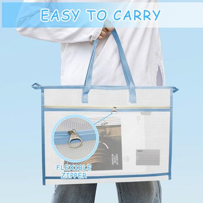 TUSAUW 6 Pcs A3 Project Bags for Quilting Craft Project Bag Clear Mesh Sewing Project Bag with Zipper Handles&Pockets for Artworks Charts and Teaching Material - color: light blue, light pink, light purple, light green, black, and dark blue