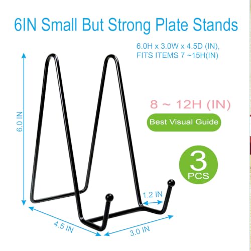 HENABLE 3PCS Premium Black Iron Plate Stands for Display 6 Inch, Decorative Metal Plate Holders for Displaying, Mini Easel Stand, Frame, Book, Card, Photo Easel, Picture Stands for Display - size: 3PCS 6IN