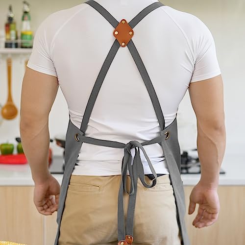 Aoomzoon Canvas Aprons for Men Chef Apron, Work Apron with Large Pockets - 16oz Heavy Duty Cross Back, BBQ, Cooking - color: Gray