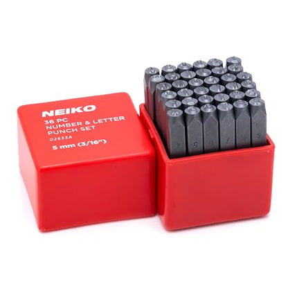 NEIKO 02633A Number and Letter Punch Set with Heat-Treated Steel Punches, Imprinting & Arts and Crafts, 3/16" (5 MM) Shaft, 36 Pc Stamp Set, Uppercase Letter & Number Punch Set (A-Z / 0-8 / "&") - size: 5mm - 3/16"