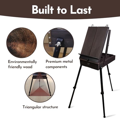 CONDA 70” French Easel with Aluminum Legs, Folding Sketch Painting Easel with Drawer, Tripod Easel Stand for Painting, Sketching, Display - color: Brown