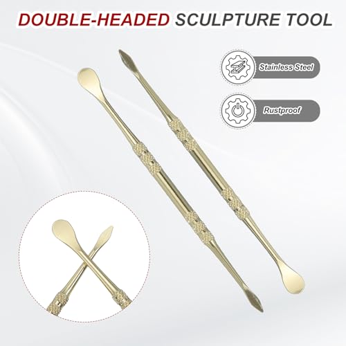 HARFINGTON 11pcs Wax Carving Tool 4.75" Double-Headed Stainless Steel Sculpture Tools Kit Modeling Engraving Sculpting Spoons for Clay Pottery Crafts Shaping, Gold Plated - color: Gold Plated
