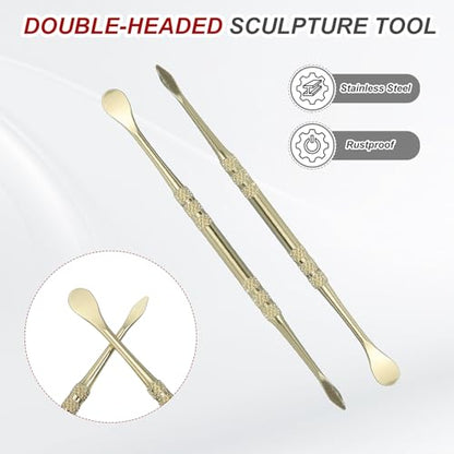HARFINGTON 7pcs Wax Carving Tool 4.75" Double-Headed Stainless Steel Sculpture Tools Kit Modeling Engraving Sculpting Spoons for Clay Pottery Crafts Shaping, Gold Plated - color: Gold Plated