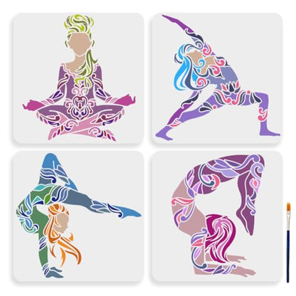 MAYJOYDIY 4pcs Yoga Pose Lady Stencil 11.8×11.8inch Large Artistic Gymnastics Stencil with Paint Brush Mandala Patterned Yoga Clothing Women Templates for Windows Yoga Classroom Wall Canvas - color: Yoga Pose