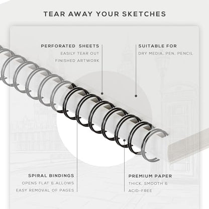 Beechmore Books 9x12 Top Spiral Sketchbook 140 GSM 100 Perforated Pages | Acid-Free White Paper, Artist Sketch Pad & Drawing Notebook, Art Supplies for Adults, Artists, Students & Teens - size: A4 (9" x 12")