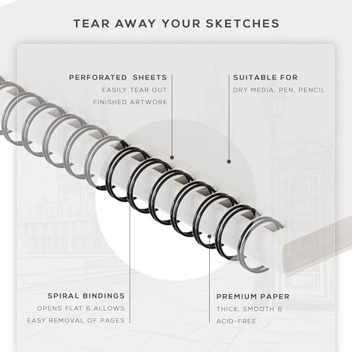 BEECHMORE BOOKS A4-9"x12" & A5-5.6"x8.5" Spiral Sketchbook - 100 Perforated Sheets 140 GSM Acid-Free White Paper, Professional Artist Sketch Pad, Art Supplies for Adults Students Drawing Notebook
