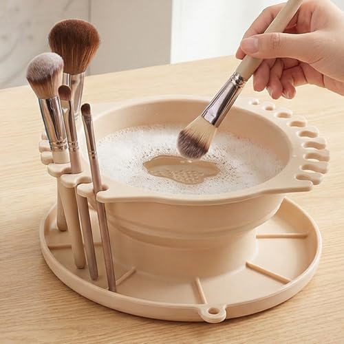 Collapsible Silicone Paint Brush Cleaner Basin Foldable Paintbrush Cleaning Container for Acrylic, Watercolor & Oil Painting (Beige, 15 * 12.2 * 6.5cm/5.91 * 4.8 * 2.56inches) - color: Beige