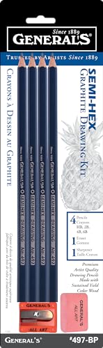 General Pencil 497BP Semi-Hex Graphite Drawing Pencils 4/Pkg-HB, 2B, 4B, & 6B, HB 2B 4B & 6B