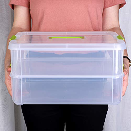 JUXYES 2-Tiers Plastic Stack Carry Storage Containers Box wih Handle Lids | Clear Stackable Latching Craft Storage Bin for School Office, Organizing Stationery, Sewing, Art Craft, DIY Supplies, Green - color: Green
