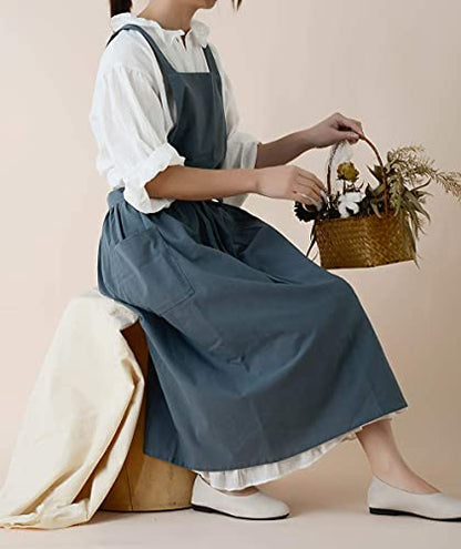 Cotton Pleated Apron Retro Waterdrop Proof Garden Cleaning Pinafore Dress - color: Green