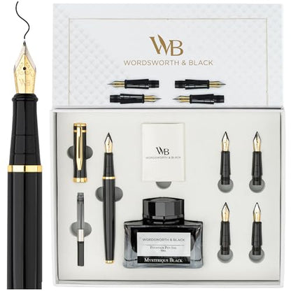 Wordsworth & Black Luxury Fountain Pen Set for Writing, 6 Nibs, Black Gold - color: Black Gold