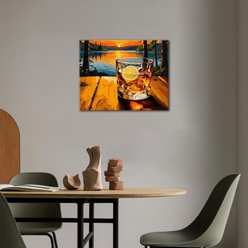 TUMOVO Adult Paint by Number Kits for Beginner, Paint by Numbers Kit for Adults - Whiskey Glass with Serene Lake Sunset Landscape, DIY Art for Home Decor & Relaxation, 16x20 Inch(Framed) - color: Whiskey(Framed)
