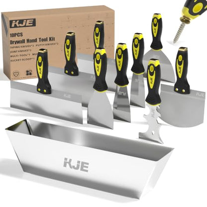 KJE 10PCS Drywall Tools, Drywall Knife set, Drywall Tool Kit includes Taping knives, Putty Knives, Joint Knives, and a Mud Pan, for Wall Work, Espatulas Para Construccion
