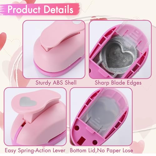 Heart Paper Punch Set, 3/8 inch, 5/8 inch, 1 inch, 1.5 inch, 2 inch, 5 Different Size Heart Punches for Crafting Designs, Office Supplies, Card Making, DIY Albums, Photos - color: Pink