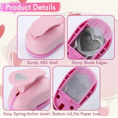 Heart Paper Punch Set, 3/8 inch, 5/8 inch, 1 inch, 1.5 inch, 2 inch, 5 Different Size Heart Punches for Crafting Designs, Office Supplies, Card Making, DIY Albums, Photos - color: Pink