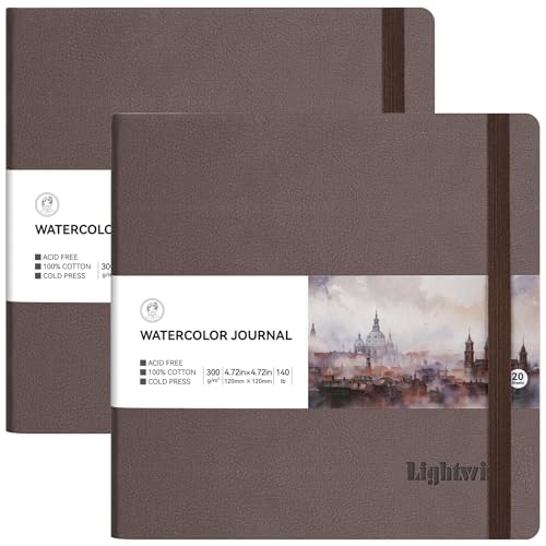 Lightwish Square Watercolor Sketchbook,2 Pack Total 40 Sheets,100% Cotton,300gsm/140lb,Acid-Free,Cold Press Watecolor Paper Journal for Artists Adults Students,4.72 * 4.72 Inches - color: Brown, size: 4.72*4.72 Inches