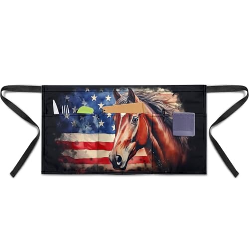 Waist Apron with 3 Pockets Waterproof 13 Inch Short Half Waist Aprons Women Men Server Aprons Waitress Waiter Apron - color: American Flag Horse