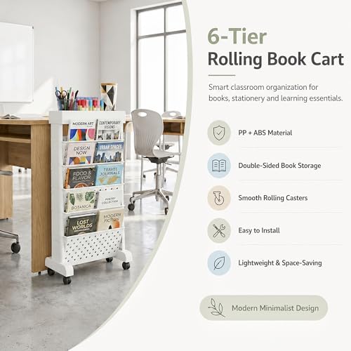 6-Tier Rolling Bookshelf Magazine Rack with Wheels White - color: White, size: 6-Tier 30.5"H