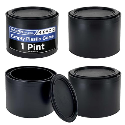 Master Elite 1 Pint Empty Plastic Paint Can Bucket, Pack of 4 - Triple Lock Airtight Lid Seal, 16 fl. oz. All-Plastic Coating Storage Container Can - Pail Handle, Dent & Rust Proof, Odor Resistant - size: Pint