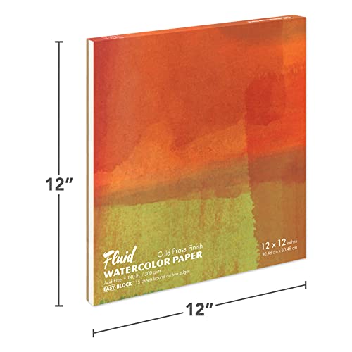 Fluid Watercolor Paper Block, 12 x 12 inches, 15 Sheets, 140 lb (300 GSM) Cold Press Pad for Artist Painting and Wet Media - size: 12 x 12 Block