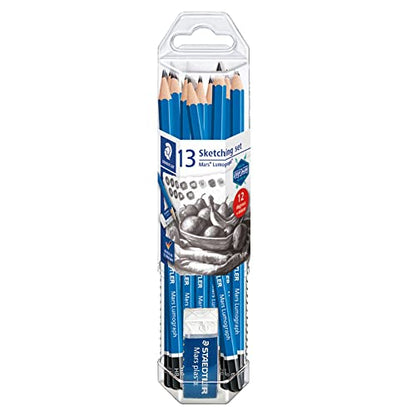 STAEDTLER Mars Lumograph 13pc Drawing Pencils & Eraser Set: 12 Hardness Grades 8B-2H, Mars Plastic Eraser, Pre-sharpened, Art Supplies for Drawing, Shading, Drafting & Illustrating, All Skill Levels - style: 12 Pack w Eraser