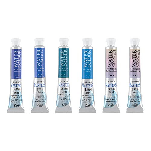 Marie's Masters Quality Watercolor Paint - Blues, 9 mL (Set of 6) - Concentrated Color, Pure Pigments, High Lightfastness Ratings - color: Blues