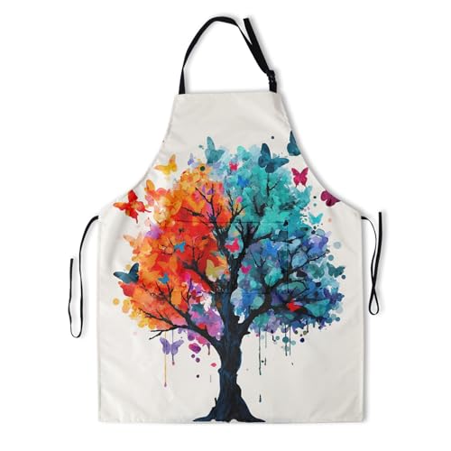Art Apron with Pocket for Women Men | Kitchen Aprons Chef Apron for Cooking Baking BBQ Painting Gardening - color: Colorful Tree With Butterflies