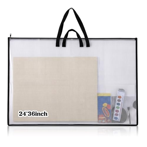 Shinylin 24x36 Inch Artwork Storage Organizer Large Poster Storage for Diamond Painting Cardboard Portfolio Collection Bag with Zipper and Two Handles Transparent Waterproof for Art Work Scrapbook