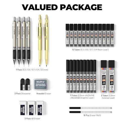 Nicpro 37PCS Gold Art Mechanical Pencil Set, 0.3/0.5/0.7/0.9/2mm Point - color: Gold, style: 0.3 0.5 0.7 0.9 2.0