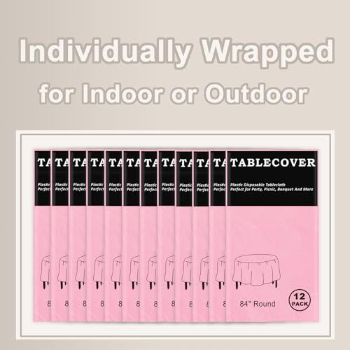 D&Z 12 Pack Pink Disposable Plastic Tablecloth, 84" Round Table Cover - color: Pink, size: 12 Pack 84" Round