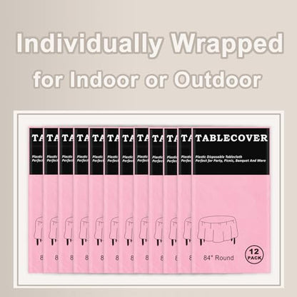 D&Z 12 Pack Pink Disposable Plastic Tablecloth, 84" Round Table Cover - color: Pink, size: 12 Pack 84" Round