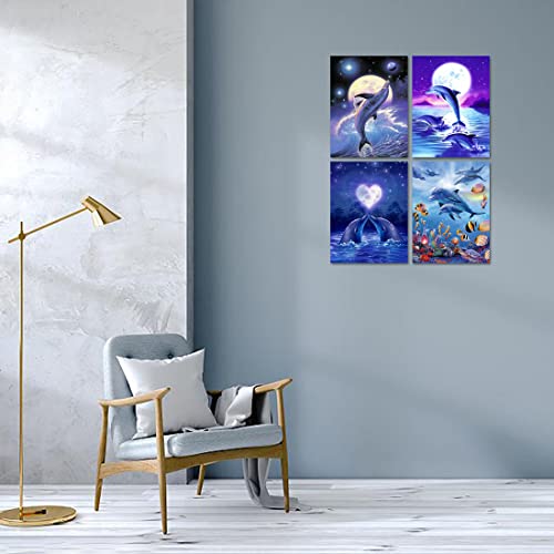 Muzagroo Art 4 Pack Diamond Paintings Kits for Adults 5D Diamond Art DIY with Round Full Drill Diamonds for Beginners Dolphins Diamond Wall Art for Living Room - color: 01-Dolphins