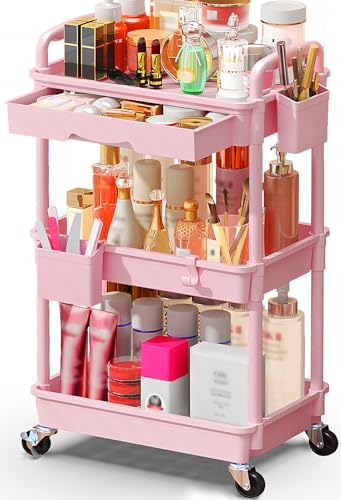 SUNALLY Makeup Cart Organizer with Drawer, 3 Tier Rolling Makeup Cart, Pink - color: Pink, size: 3 Tier
