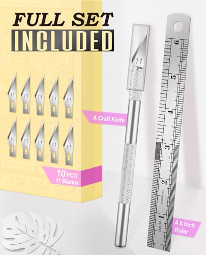 1 Pcs Craft Knife Hobby Knife with 11 Pcs Stainless Steel Blades Kit, 1pcs Steel 15MM Ruler for Art, Scrapbooking,Stencil | Precision Hobby Knife with Exacto Knife Blades, Hobby Knife Set for Art, Scrapbooking & Stencils, Silver - color: Silver