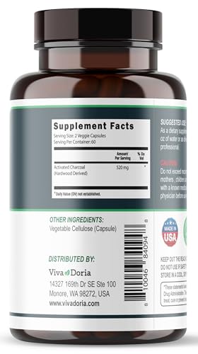 Viva Doria Activated Charcoal 520 mg, 120 Vegetable Capsules Highly Absorbent Helps Alleviate Gas & Bloating Supports Natural detoxification - size: 120 Count (Pack of 1)