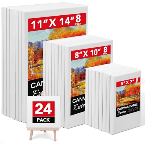ESRICH Stretched Canvas for Painting, 24 Multi Pack 11x14, 8x10, 5x7(8 of Each) Blank Canvases for Painting, Primed Paint Canvas for Oil Paint, Acrylic Paint, for Beginners, Artists. - size: 24 Packs - 3 Sizes (5x7 8x10 11x14)