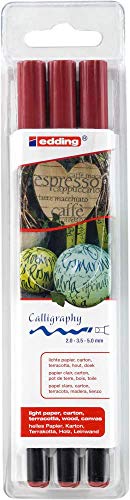 edding 1255 calligraphy pen - crimson lake - 3 pens - calligraphy nib 2-5 mm - fibre pens for paper, wood, terracotta, canvas - hand lettering, bullet journals, thank you cards, calligraphy books - color: crimson lake