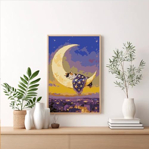 Framed Paint by Numbers Kit for Adults Beginner & Kids Ages 8-12, Moon Cat Paint by Numbers with Frame, without Easel, DIY Acrylic Number Painting for Adults Canvas for Home Decor Gift 8 x 12 Inch - color: XM-OP-F-MoonCat-2030
