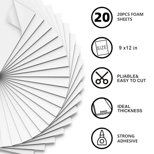 MEARCOOH 20-Pack Self Adhesive Foam Sheets, White 2mm Sticky Eva Foam Paper 9x12 Inch for Crafts Cardmaking Photo Frames Classroom Scrapbooking - color: White, size: 229 x 305 x 2 mm