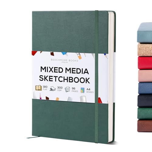 Beechmore Books A4 8.5x11 Mixed Media Sketchbook 300 GSM/140lb | Heavyweight Hardcover Art Notebook, 48 Micro-Perforated Pages Ivory Journal, Art Supplies for Painting, Acrylics & Wet Media - color: Dartmouth Green, size: A4 - 8.5" x 11.5" Large