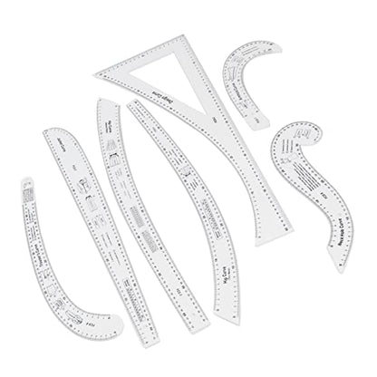 7Pcs Fashion Clear Metric Sewing Ruler Set, French Curve Pattern Ruler Kit for Beginners, Tailors, and Designers, Fashion Design Dress Makers Ruler, Clear Sewing Tailors Pattern Making Ruler