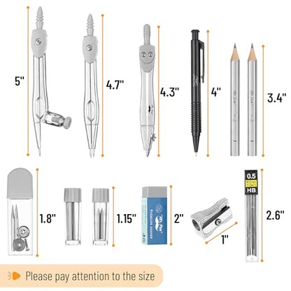 Mr. Pen- Geometry Set, 15 pcs, Light Grey, 6 Inch Swing Arm Protractor - color: Light Grey