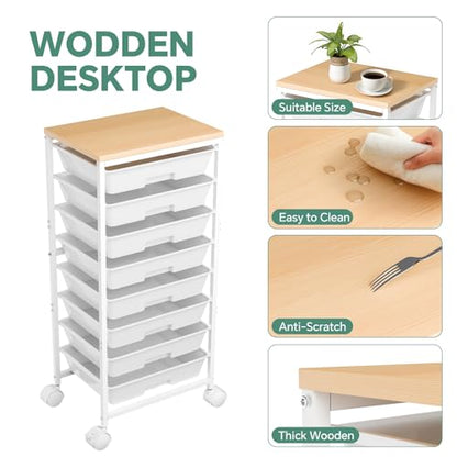 Ekisemio Rolling Cart with 8 Drawers, Storage Drawers Cart with Wooden Tabletop and Lockable Wheels, Utility Cart for Living Room, Office, Classroom, Craft Room, White
