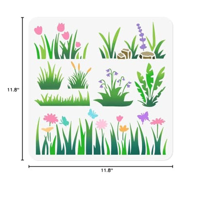 8 Styles Grass Flower Bushes Stencil for Painting, 11.8"x11.8"Reusable Plants Stencil Drawing Template, DIY Craft Paint Template for Wall Home Decor Wood Burning Card Journal Fabric | Flower Bushes Plants Drawing Template for Wall Home Decor, Wood Burning