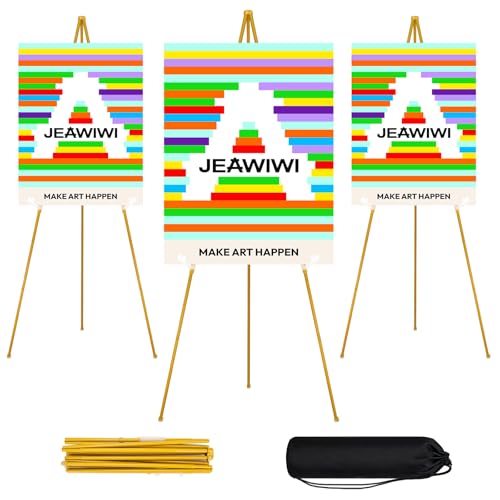 JEAWIWI 3 Pcs Lightweight Easel Stand, 66 Inch, with Portable Bags | Collapsible Folding Metal Easel with Adjustable Height, for Wedding Sign, Display Show, Arts, Poster - color: Gold, size: 3 PCS